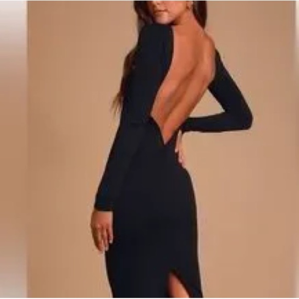 Lulu sexy open back fitted midi, black, long sleeve dress Elegant Black Dress
